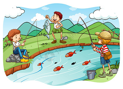 渔业孩子们场景男孩们钓鱼白色溪流卡通片乐趣孩子风景图片