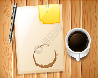 文件和咖啡饮料办公室戒指杯子铅笔剪贴空间卡通片笔记桌子图片