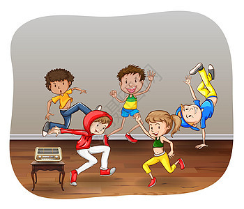 跳舞姿势娱乐女孩们锻炼活动房间卡通片享受快乐孩子们背景图片