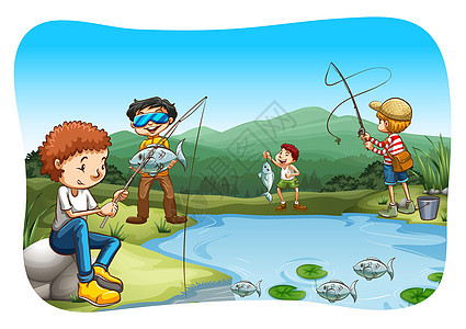 渔业白色场景绘画乐趣钓鱼男孩们男人池塘卡通片墙纸图片