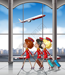 空姐旅行女士职业工作绘画服务行李航空公司女性飞机场图片