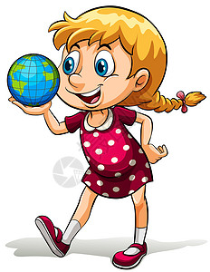 一个拿着球的年轻女孩孩子球状体绿色地球土地白色圆点蓝色女性地理图片