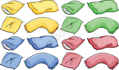 各种颜色的枕头和靠垫绘画红色软垫蓝色寝具绿色物品夹子剪贴黄色图片
