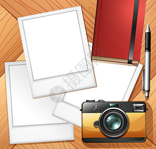 照相机和相框铅笔卡通片木头笔记快门正方形笔记本模拟框架物品图片