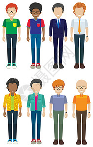 八个无脸男微笑插图发型牛仔裤男性裤子人群白色夹克眼镜单身汉图片