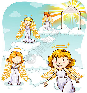 天使卡通片天堂翅膀女孩场景传奇绘画女士宗教白色图片