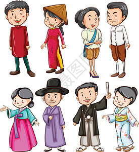 展示亚洲文化的人们服装男人男性夫妻戏服国家白色历史女性和服图片