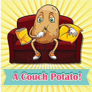 在 couc 上吃土豆薯片筹码黄色插图海报长椅软垫卡通片红色夹子绘画图片