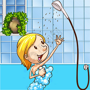 阵雨器打扫泡沫卡通片孩子肥皂青年浴室淋浴绘画洗澡图片