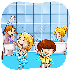 洗手间女孩们马桶卡通片打扫男孩们牙膏浴缸横幅孩子们气泡图片