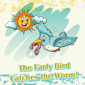 早起的鸟儿赶上世界英语艺术卡片古语演讲绘画乐趣晴天飞行措辞图片