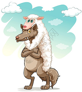 拥抱狼的绵羊衣服皮肤农业哺乳动物母羊蓝色羊肉寓言偶数风景图片