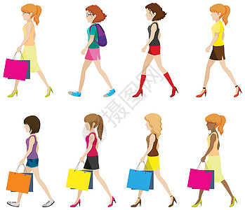 无脸女孩插图高跟鞋背包团体着装购物卡通片店铺女孩们女性背景图片