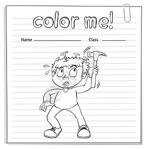 一个拿着锤子的男孩给工作表上色学校绘画工作簿利润双方证券染色痛苦男生边界图片