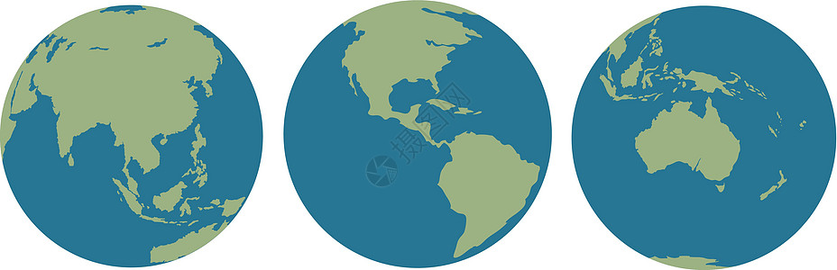 地球的三个图像近球形全球地理圆形圆圈球状体绘画楷模世界陆地图片