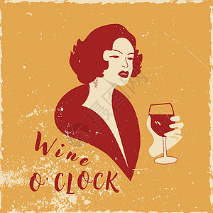 拿着一杯红酒的复古女人女士酒精风格酒杯女性时间女孩卡通片海报魅力图片