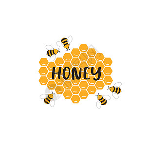带有蜜蜂和蜂窝的蜂蜜标志条纹绘画植物橙子白色昆虫蜂巢涂鸦野生动物花粉图片