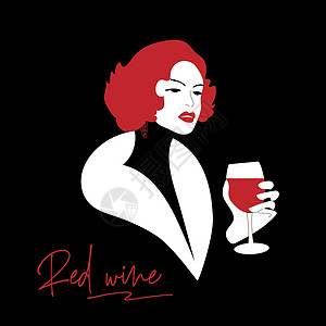 拿着一杯红酒的复古女人女士时间海报风格插图魅力酒杯卡通片女性酒精图片