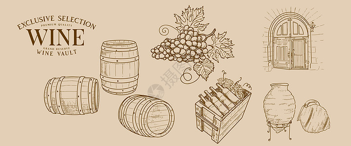 老式的葡萄酒物品集潜水啤酒瓶子橡木古董雕刻草图大车邮票藤蔓图片