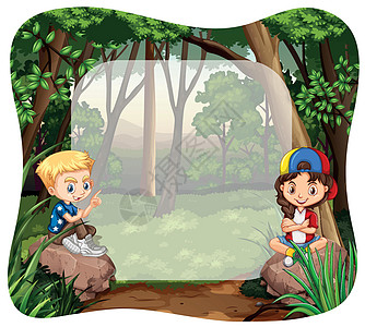 男孩和女孩在丛林中观光微笑树木卡通片夹子绘画青年雨林环境森林插画