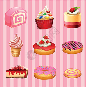 不同种类的甜点草莓味绘画卡通片奶油小吃软膏奶制品糖果冰淇淋蛋糕艺术图片