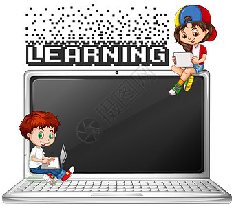 男孩和女孩使用计算技术童年笔记本孩子艺术学校学生电脑青年学习图片