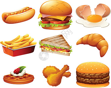 不同种类的快餐汉堡芝士热狗夹子羊角卡通片绘画艺术美食薯条图片
