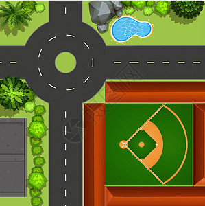 棒球球场运动卡通片棒球场交通风景花园绘画草地植物场景图片
