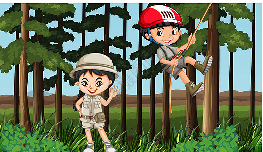男孩和女孩在森林里玩得开心图片