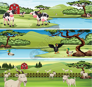生活在遥远地方的农场动物农村场地鸭子绘画热带树木哺乳动物插图情调奶牛图片