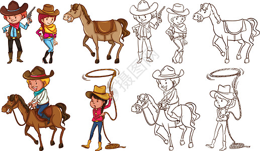 马林牛仔和马在颜色和林插画