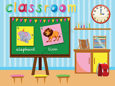 有板和椅子的幼儿园教室木板学校海报算盘夹子学生房间书包插图教育图片