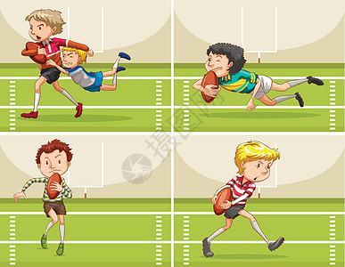 男孩们在球场上打橄榄球跑步场地插图地面爱好足球活动绘画团队草地图片