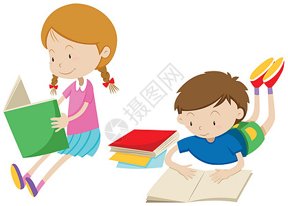 男孩和女孩看书插图绘画剪裁童年微笑男生活动夹子阅读白色图片