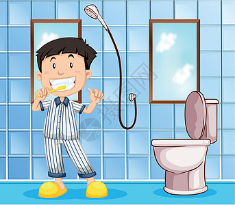 男孩在浴室刷牙卡通片艺术插图微笑瞳孔打扫淋浴卫生男生青年图片