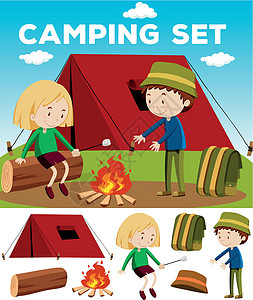 男孩和女孩露营绘画营火女士场景爱好远足娱乐活动乐趣营地图片