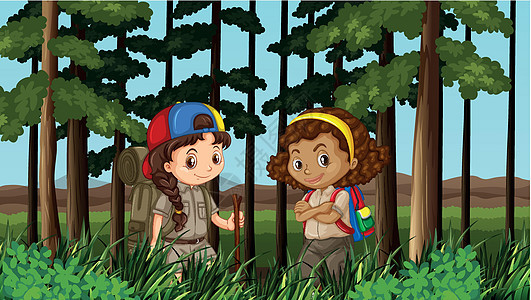 两个女孩在丛林中远足图片