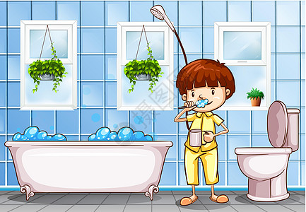 男孩在浴室刷牙打扫童年浴缸房间活动青年房子艺术洗手间家庭图片