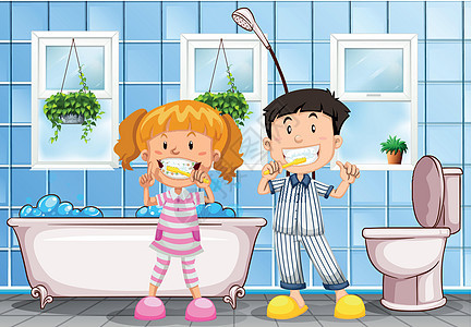 男孩和女孩在浴室刷牙洗手间房间瞳孔艺术淋浴学生男生绘画微笑夹子图片