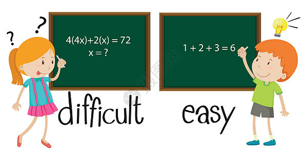 相反的形容词困难和容易学生童年教育男生女孩夹子绘画微笑插图艺术图片