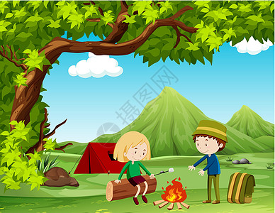 男孩和女孩在野外露营野营夹子乐趣闲暇帐篷卡通片插图营地爱好远足图片