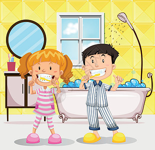 男孩和女孩在浴室刷牙瞳孔洗手间睡衣家庭学生艺术卫生浴缸镜子夹子图片