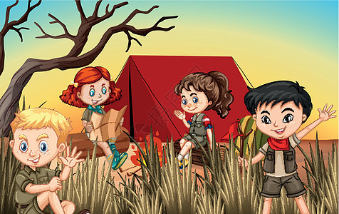 男孩和女孩在野外露营青年帐篷学生插图活动艺术微笑绘画童年远足图片