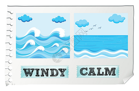 相反的形容词有风和 cal绘画蓝色场景插图海洋英语措辞观光教育夹子图片