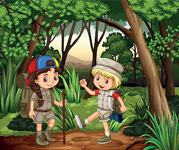 男孩和女孩在树林里露营图片