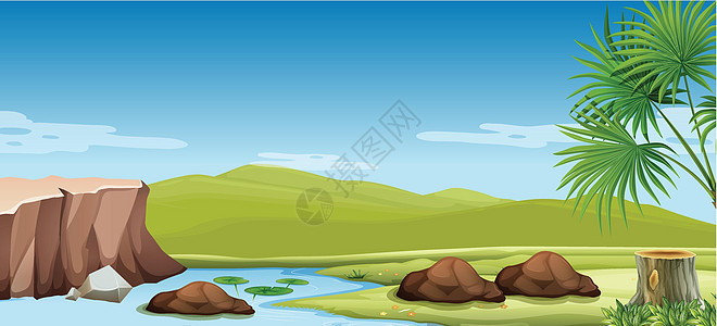 河流和田野的自然场景卡通片溪流插图丘陵草地热带绿色悬崖夹子岩石图片