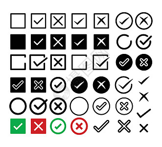 复选标记图标集 正确和错误的符号圆形盒子插图清单投票标签按钮绿色圆圈图片