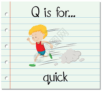 抽认卡字母 Q 是 quic阅读绘画拼写卡片字体教育性男生瞳孔插图跑步图片