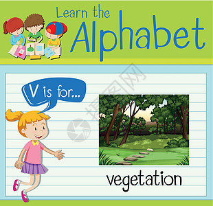抽认卡字母 V 是 vegetatio工作场地活动教育孩子卡片植被绘画艺术树木图片