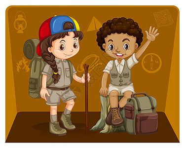穿游猎装的男孩和女孩男生游猎装野营旅行青年瞳孔小路孩子童年插图图片
